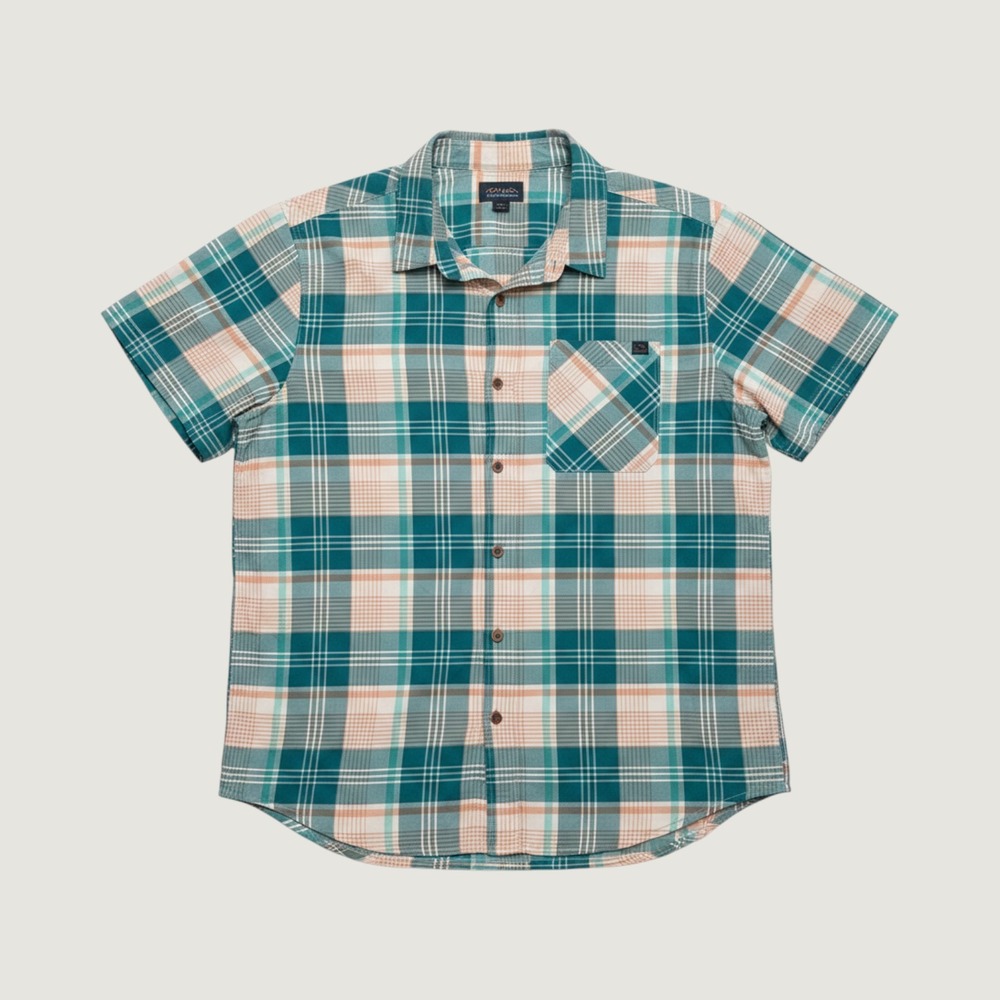 LL Bean Womens Large Plaid Short Sleeve Button Down Shirt Teal Orange